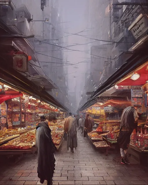 Prompt: a highly detailed epic cinematic concept art CG render digital painting artwork: Tokyo city market. By Greg Rutkowski, in the style of Francis Bacon and Syd Mead and Norman Rockwell and Beksinski, open ceiling, highly detailed, painted by Francis Bacon and Edward Hopper, painted by James Gilleard, surrealism, airbrush, Ilya Kuvshinov, WLOP, Stanley Artgerm, very coherent, triadic color scheme, art by Takato Yamamoto and James Jean