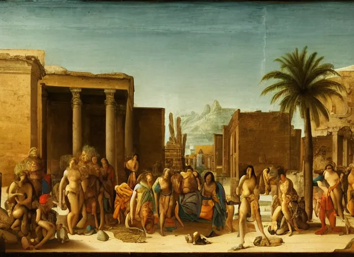 Image similar to : „a painting of a group of people outside in tropical desert Atlantis city, an ultrafine detailed painting by Giovanni Paolo Pannini, cg society, renaissance, da vinci, detailed painting, academic art“