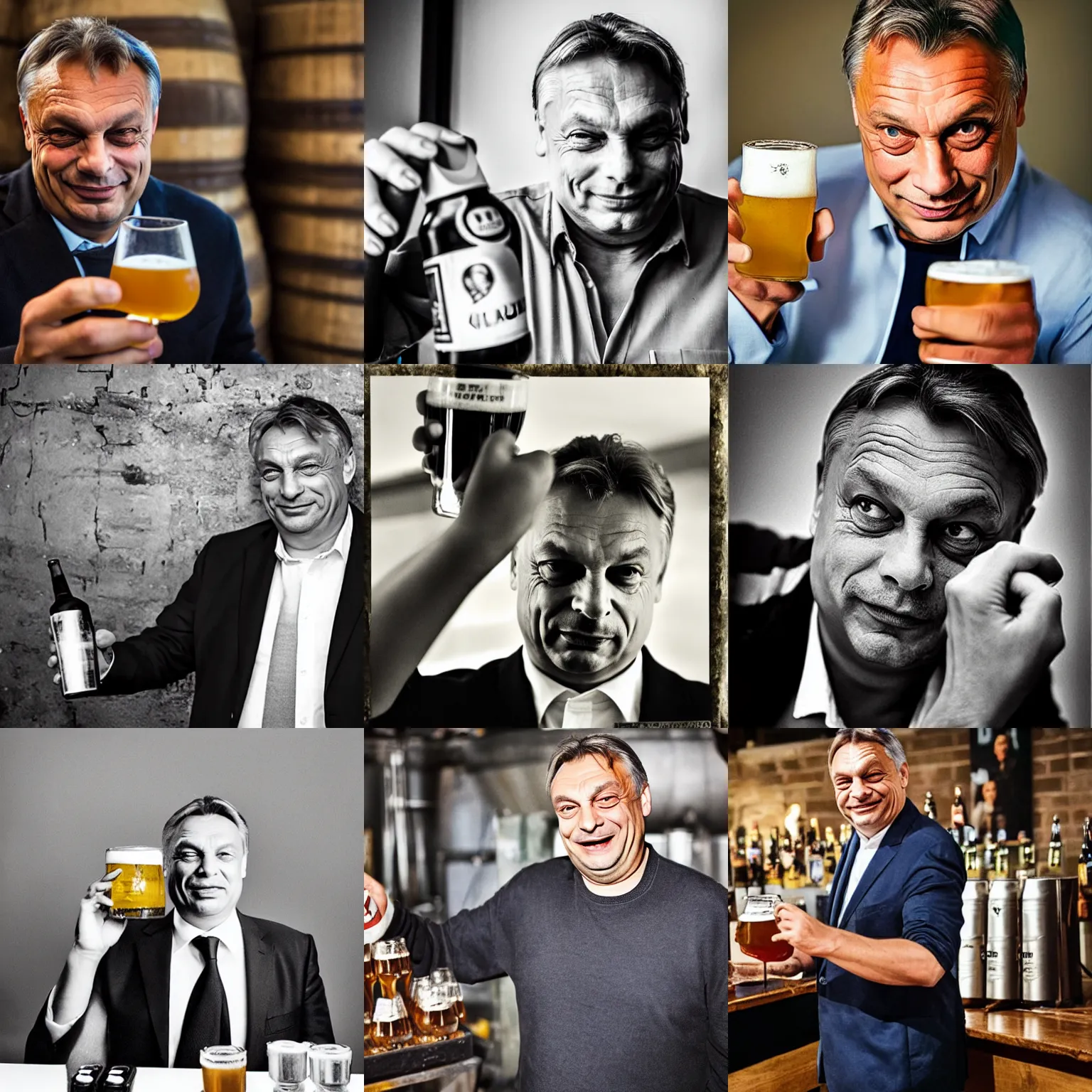 Prompt: photo of viktor orban winking with craft beer by peter lindbergh