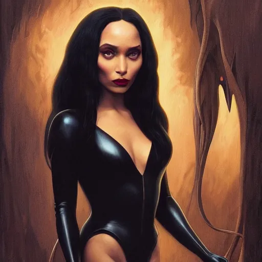 Prompt: zoe kravitz as morticia addams, masterpiece, intricate, elegant, highly detailed, digital painting, artstation, concept art, smooth, sharp focus, illustration, art by artgerm and greg rutkowski and alphonse mucha and uang guangjian and gil elvgren and sachin teng, symmetry!!