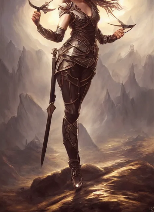 Image similar to female elf with two swords in her hands, painted by artgerm and tom bagshaw, fantasy art, dramatic lighting, highly detailed oil painting