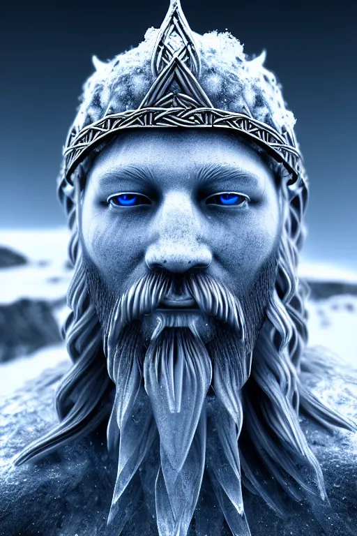 Image similar to photography of a hyper realistic clear ice statue of un unknow viking warrior god. stuning, intricate, complexe. snowy mountains dream landscape. professional digital art, unreal engine 5