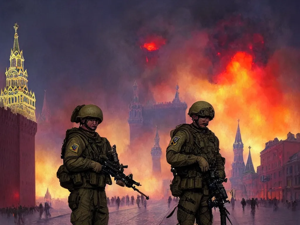 Image similar to special forces nato soldier with yellow shoulder patch watches red square kremlin burning in the background, d & d, fantasy, bright atmosphere, volumetric lights, intricate, elegant, extremely detailed, digital painting, artstation, concept art, matte, smooth, sharp focus, hyper realistic, illustration, art by artgerm and greg rutkowski and alphonse mucha