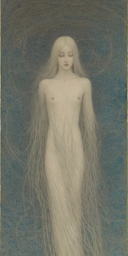 Image similar to Say who is this with silver hair so pale and Wan and thin? Beautiful lone single feminine angel in the style of Jean Delville, Lucien Lévy-Dhurmer, Fernand Keller, Fernand Khnopff, oil on canvas, 1896, 4K resolution, aesthetic, mystery