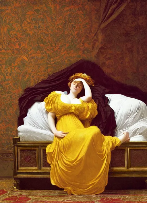 Prompt: masterpiece portrait of lady reclining on bed draping flowing rising sheets floating flying wearing yellow ochre ornate medieval dress, vertical, foreshortening, colour photography by frederic leighton, william morris, 8 k