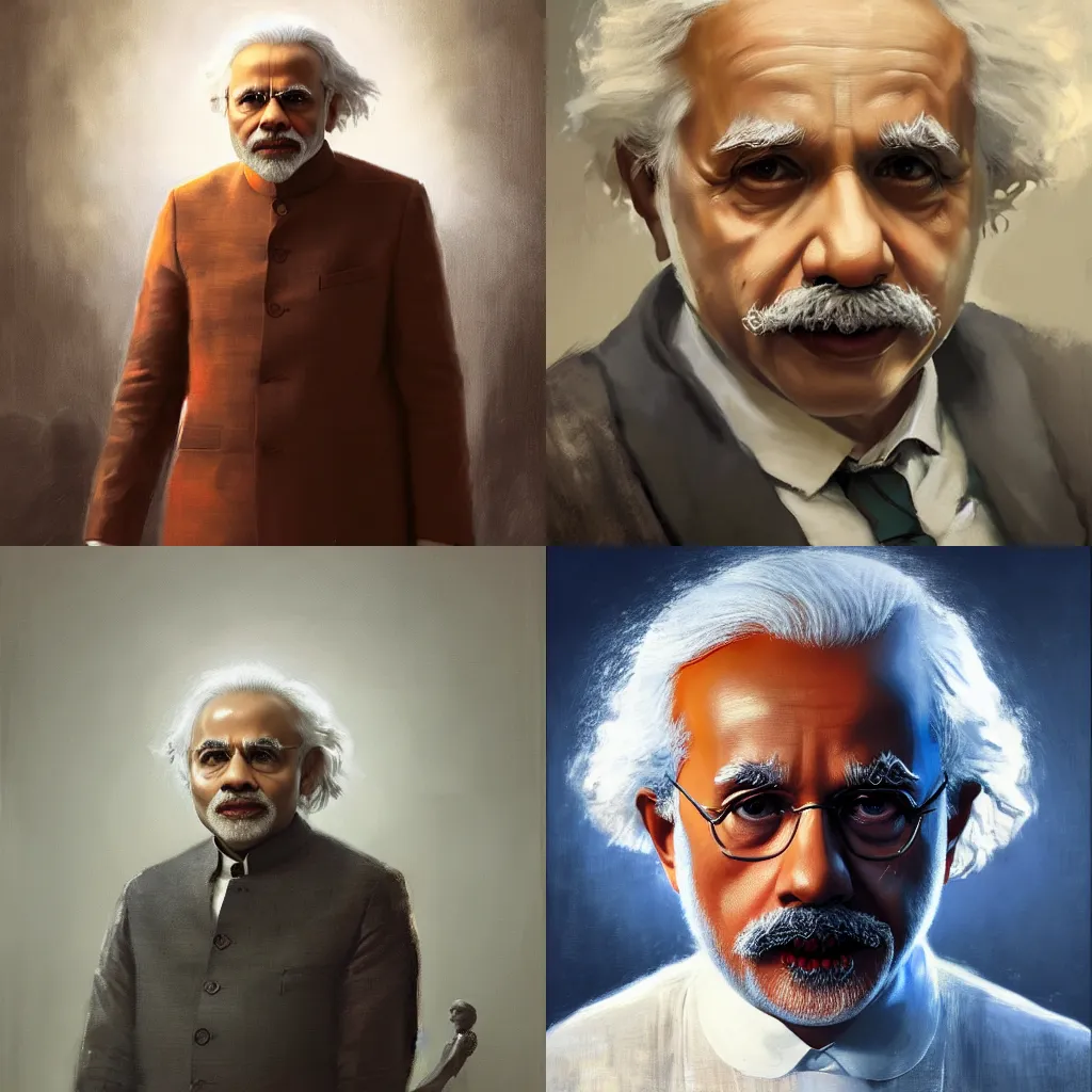 Prompt: Narendra Modi as Albert Einstein, masterpiece, oil on canvas, by Greg Rutkowski, neoclassical portrait, sharp, HD, detailed, cinematic composition, dramatic, concept art, best lighting, 8K,