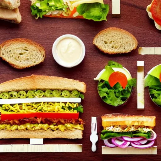 Prompt: knolling of a sandwich.