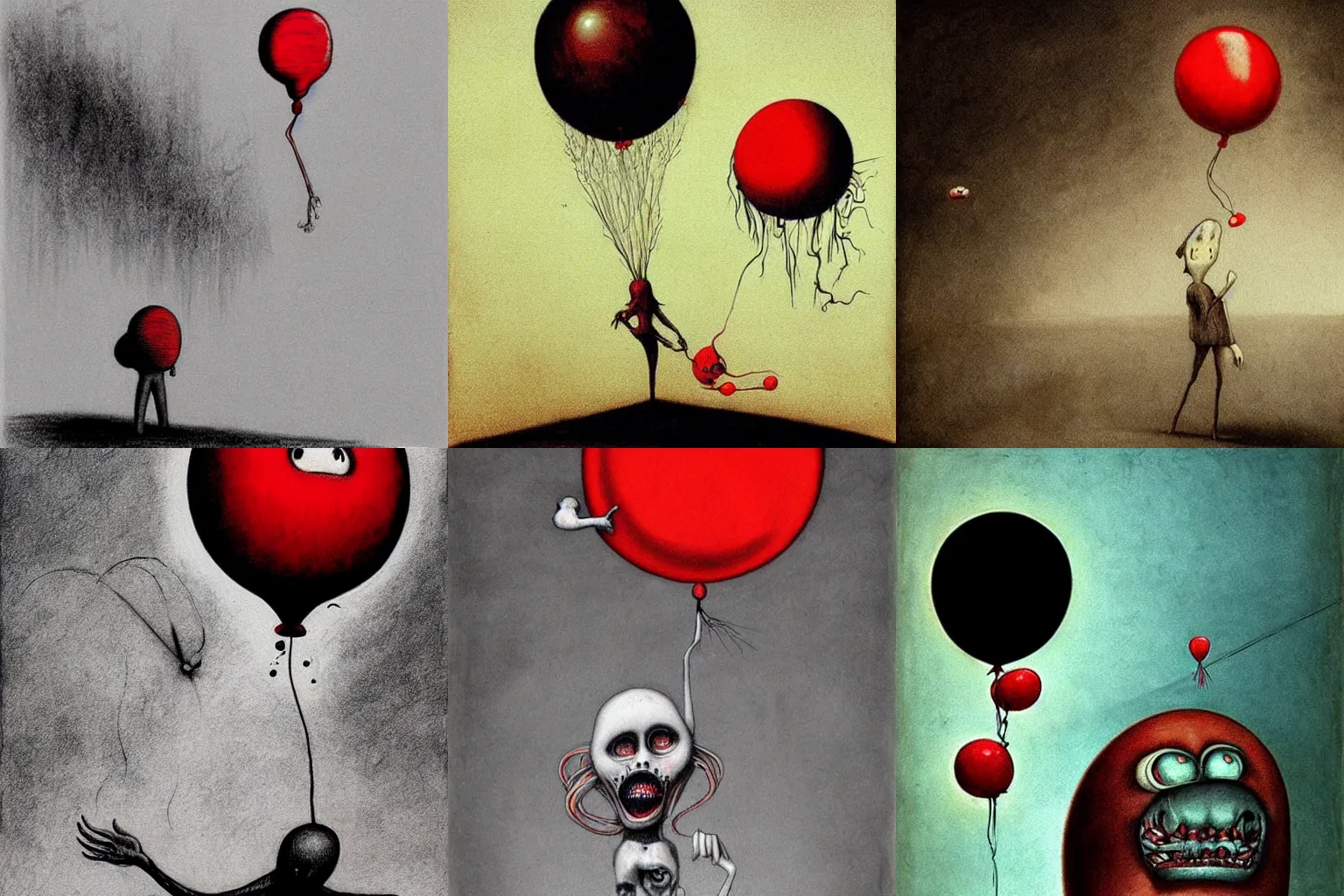 Prompt: surrealism grunge cartoon sketch of a scar ecrow with a wide smile and a red balloon by - zdzisław Beksiński, loony toons style, horror theme, detailed, elegant, intricate