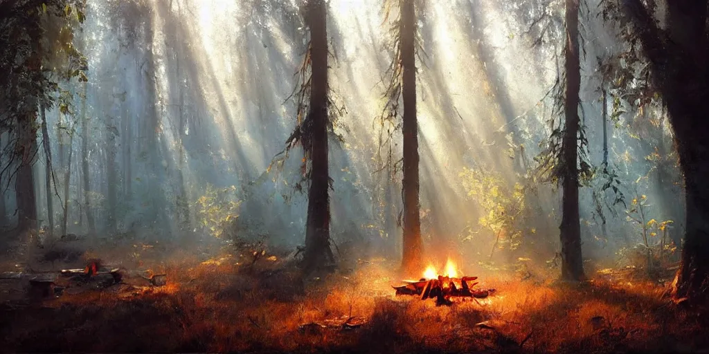 Prompt: A Craig Mullins oil painting of a hauntingly beautiful forest in the morning with a small campfire; rays of light coming through the canopy; trending on artstation; extraordinary masterpiece!!!!!!; 8k