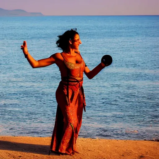 Image similar to 3 5 year old mediterranean skinned woman in ancient canaanite clothing dancing with a tambourine by the ocean, sunset, other women dancing behind,