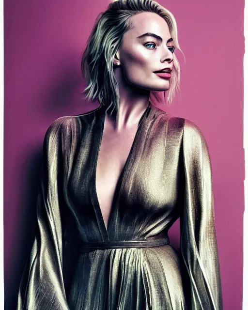 Image similar to margot robbie wearing a futuristic metal kimono, half body portrait, greg kutkowski, sharp details, soft brushstrokes, subsurface scattering, warm lighting