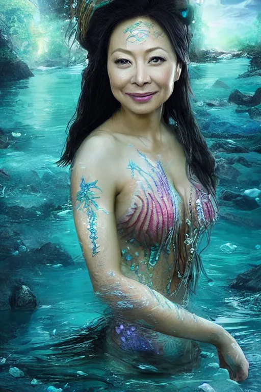 Image similar to a beautiful portrait of ming - na wen as a mermaid in a river of the amazon, ayahuasca, fantasy art, highly detailed, matte painting, visionary art