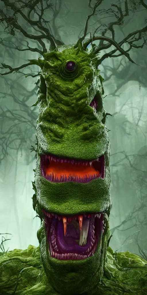 Image similar to an angry orange hybrid with a mouth and purple eyes, surrounded by a green forrest, moody , lovecraft, giger, ridley scott, zack snyder, Fenghua Zhong, realistic cinematic lighting, establishing action shot, ultra detailed, hyper realism, photo, octane render