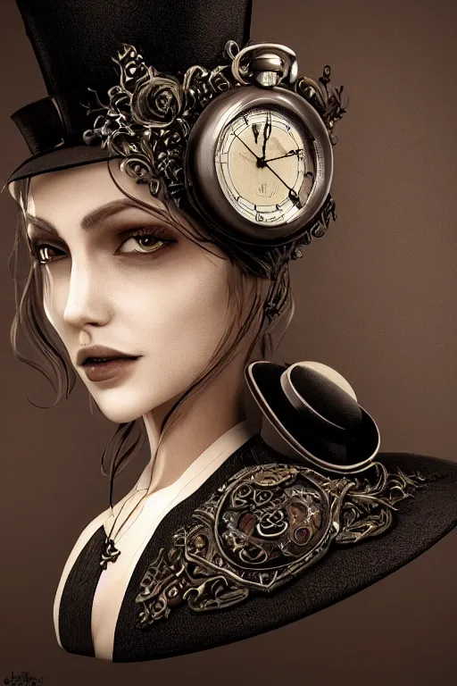 Image similar to a timekeeper with a pocket watch face. silk hat, full body, dark fantasy, concept art, gothic, intricate, ornate, ultra realistic, octane render