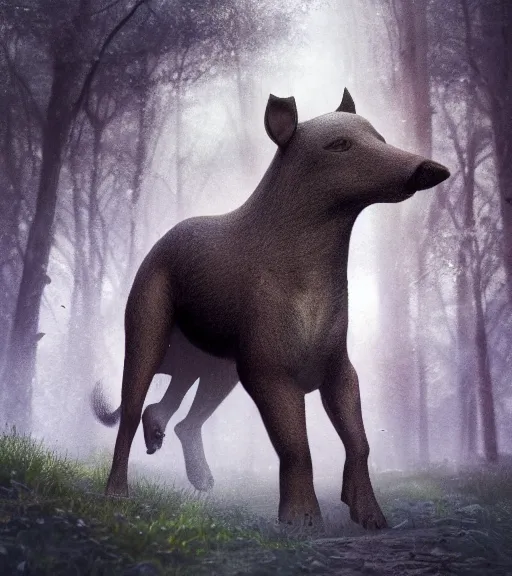 Image similar to photo of a dog tapir hybrid. dof. bokeh. magical atmosphere. art by greg rutkowski. lifelike. very detailed 8 k. intricate. soft light. nikon d 8 5 0.