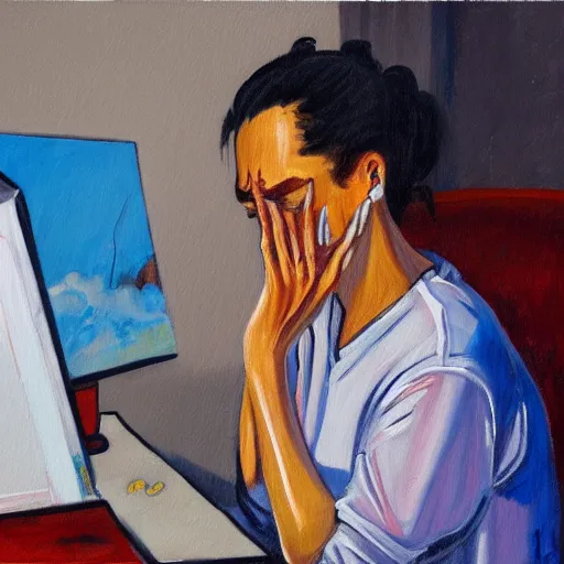 Prompt: a painting of an extremely concerned artist crying in front of a computer