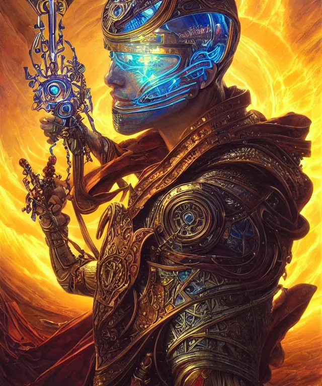 Image similar to a beautiful tarot card artwork of a cyberpunk crystal paladin, backlit, dazzling, highly detailed, digital painting, by karol bak and justin gerard and dan mumford and artgerm, vivid colors, masterpiece, detailed shading, 8 k resolution, intricate, smooth