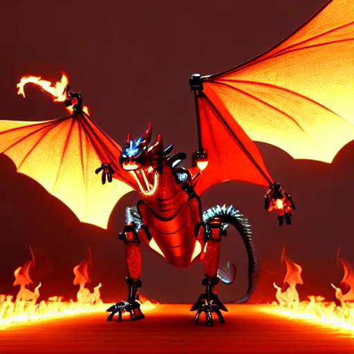 Prompt: an illustration of the full body of a robotic anthromorphic dragon emitting flames from its hands, floating off the ground, photorealistic 3D render, coherent like Dall-E 2