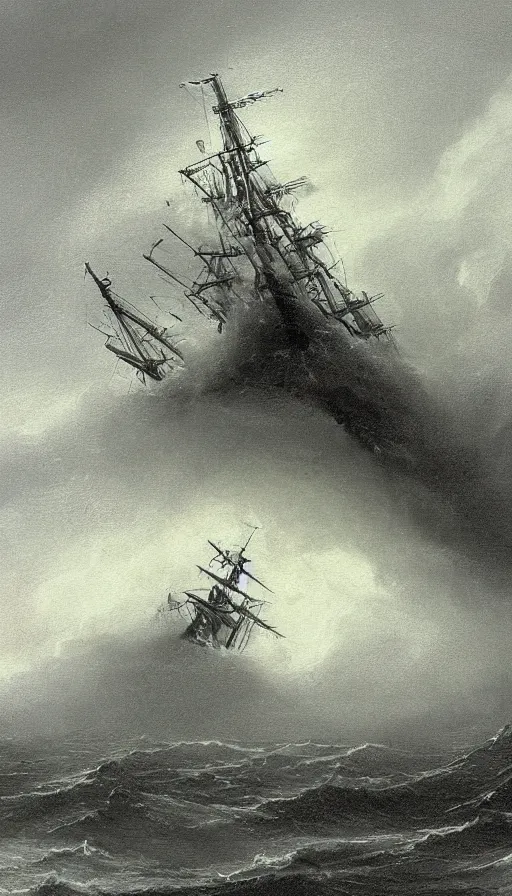 Prompt: Science fiction, a ship in storm, high detail, blizzard, fantastic creature, Isaac Clark