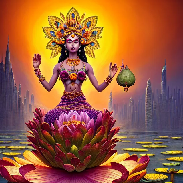 Prompt: Beautiful 3d render of the flower queen goddess sitting on a giant lotus, centered, symmetry, with the third eye on her forehead, painted, intricate, volumetric lighting, beautiful, rich deep colours masterpiece, sharp focus, ultra detailed, in the style of Dan Mumford and marc simonetti, with a clear crowded futuristic cyberpunk dubai city in the background, astrophotgraphy