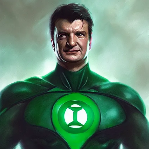 Prompt: Nathan Fillion as Green Lantern, DC art, art by greg rutkowski, matte painting, trending on artstation