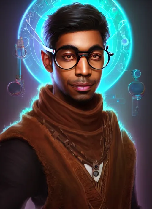 Prompt: portrait of a male holomancer in the lab, brown skin, nerd goggles, frown, jet black longcoat, vials, holographic creatures, high fantasy, dnd, face details, extremely detailed, smooth, sharp focus, digital illustration, by artgerm, rossdraws, sakimichan