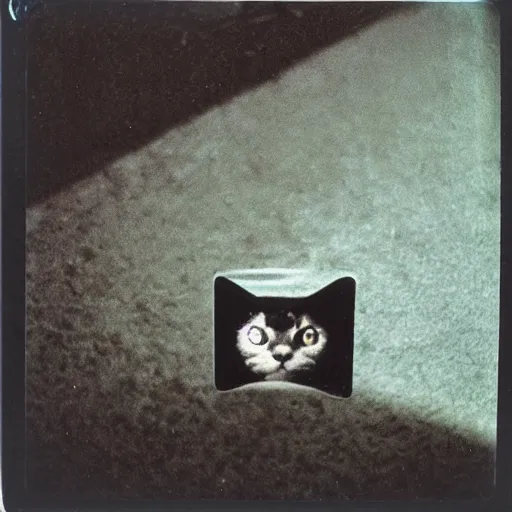 Prompt: wide-shot very low-angle eyesight first-person reflection of a cat in the puddle, polaroid photo, by Andy Warhol, signed