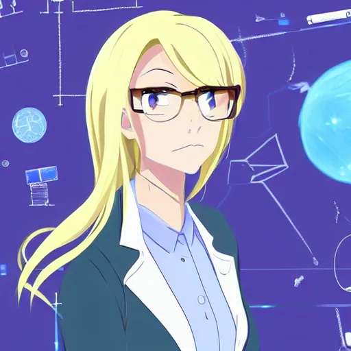 Prompt: A beautiful blonde female scientist, wearing a lab coat, in the style of anime, digital art