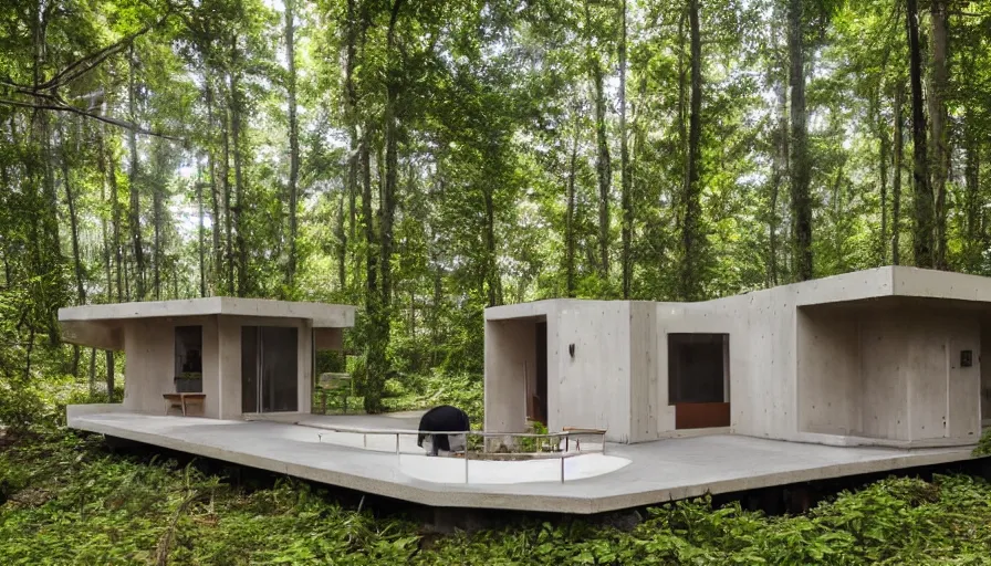 Image similar to A wide image of a full innovative contemporary 3D printed prefab sea ranch style cabin with rounded corners and angles, beveled edges, made of cement and concrete, organic architecture, in a lush green forest Designed by Gucci and Wes Anderson, golden hour