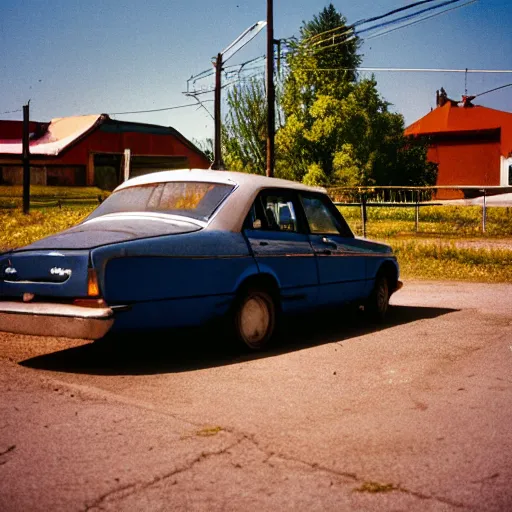 Prompt: close-up shot of car in russian small town, low angle, velvia film, cinestill, by William Eaglstone !n9