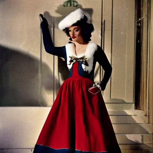 Image similar to a vintage 1 9 4 0 s kodachrome photograph of a avent - gard fashion haute couture collection winter traveling outfit ensemble inspired by the greek muse, erato.