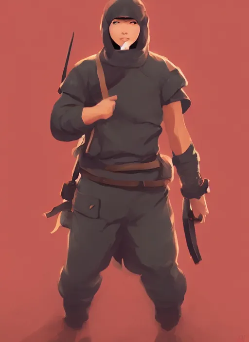 Image similar to a beautiful fullbody portrait of a cute male ninja by atey ghailan. artstation, pinterest, ambient occlusion, volumetric light, digital art, highly detailed, fine detail, complex fantasy character, rendered in octane