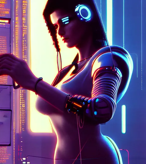 Image similar to cable inserted into head, jacked into cyberdeck wrist terminal, very very beautiful cyberpunk woman, computer, 1 9 7 9 omni magazine cover, style by vincent di fate, cyberpunk 2 0 7 7, very coherent, detailed, 4 k resolution, unreal engine, daz