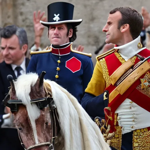 Image similar to emmanuel macron dressed as napoleon, firing a cannon, aiming at england