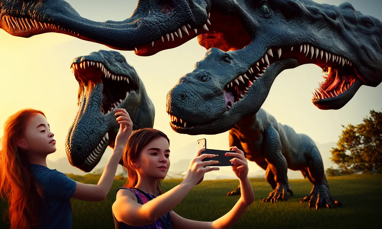 Image similar to portrait of a girl making selfie with her beloved tyrannosaurus, high detail, raytracing, back light, digital art, raymarching, by zdenek burian