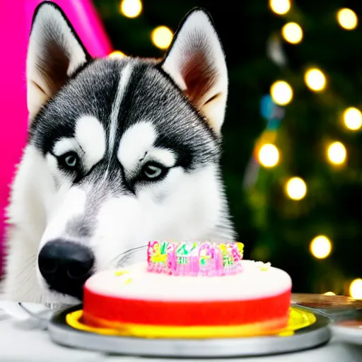 Image similar to a high - quality photo of a cute husky with a birthday cake, 4 5 mm, f 3. 5, sharpened, iso 2 0 0, raw, food photography