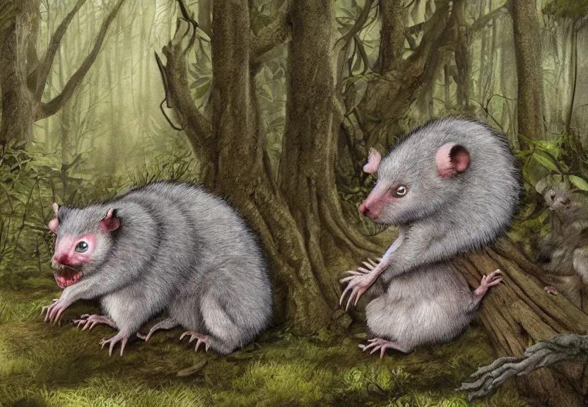 Prompt: possum monster hidden in the forest, colorized, highly detailed, 4k, trending on Artstation, award-winning, art by Maurice Sendak