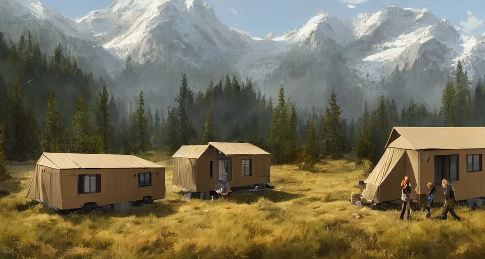 Image similar to cabela's beautiful comfortable community of modular insulated wall container home kit - house all weather family dwelling tent house, person in foreground, mountainous forested wilderness open fields, beautiful views, painterly concept art, environmental concept art, concept art illustration, by james gurney, by craig mullins, by greg rutkowski trending on artstation