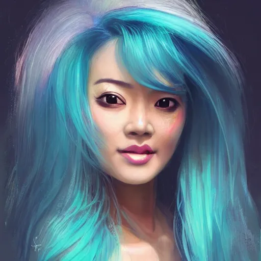 Image similar to A beautiful Asian actress with Turquoise hair smiling and taking a selfie inside the mouth of 'Jaws', diffuse lighting, fantasy, intricate, elegant, highly detailed, lifelike, photorealistic, digital painting, artstation, illustration, concept art, smooth, sharp focus, art by John Collier and Albert Aublet and Krenz Cushart and Artem Demura and Alphonse Mucha”