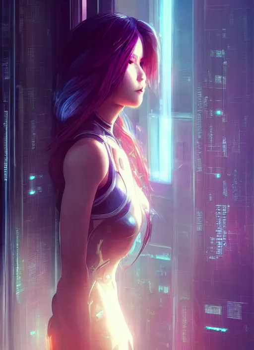 Image similar to art by ross tran, full body portrait of cyberpunk woman looking out of a window, cyberpunk setting, futuristic, highly detailed, intricate lighting, digital painting, sharp focus, illustration, cinematic, trending on artstation, by anna dittmann, karol bak, charlie bowater.