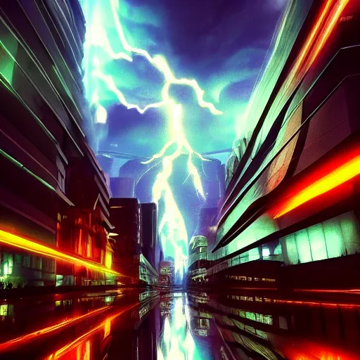 Image similar to cityscape during a lightning storm, colorful, futuristic, 8k, dramatic lighting, realistic, professional, concept art, artstation hd, trending on social media,