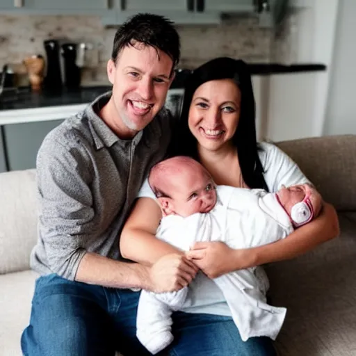 Image similar to a photo of a white man and his dark haired wife that are happy with their 3 month old baby boy.