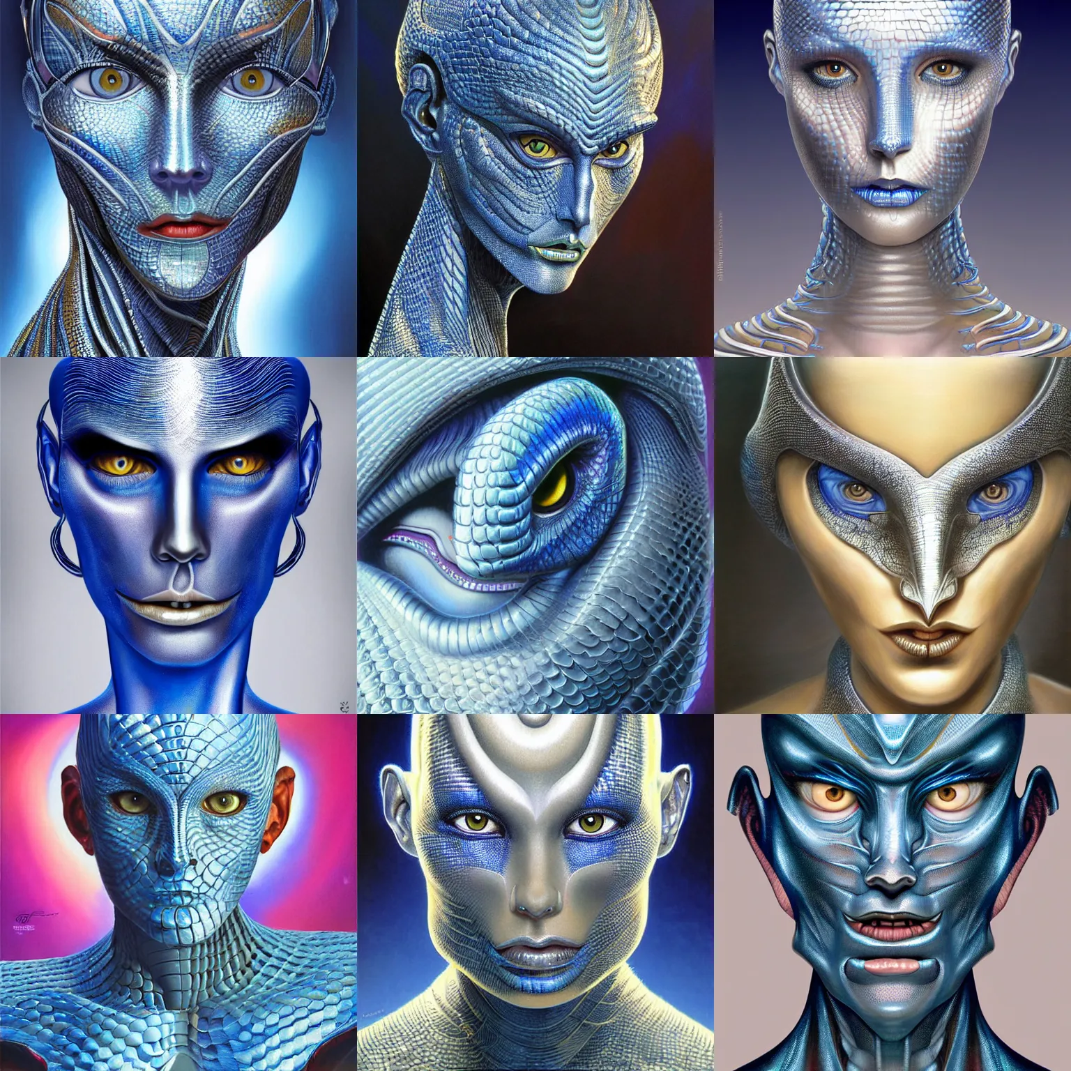 Prompt: humanoid robot, silver blue snake skin, highly detailed, digital painting, smooth, sharp, beautiful face, expressive eyes, highly intricate, art by Boris Vallejo and alex gray