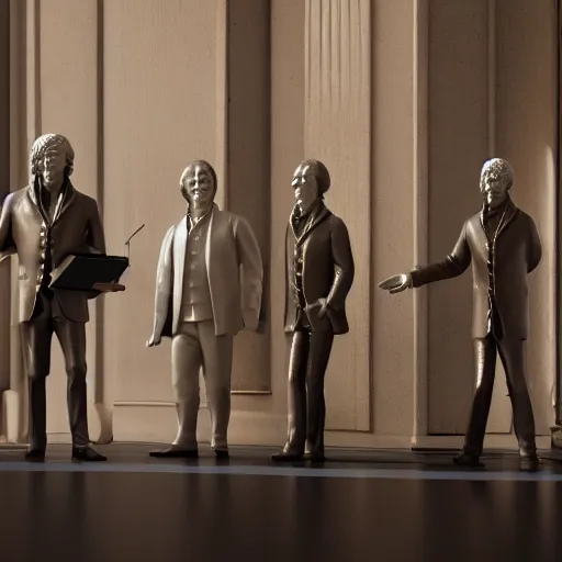 Image similar to mozart and beethoven and bach and liszt all standing next to each other, they're all statues, octane render, 8 k, highly detailed, hyper - realistic.