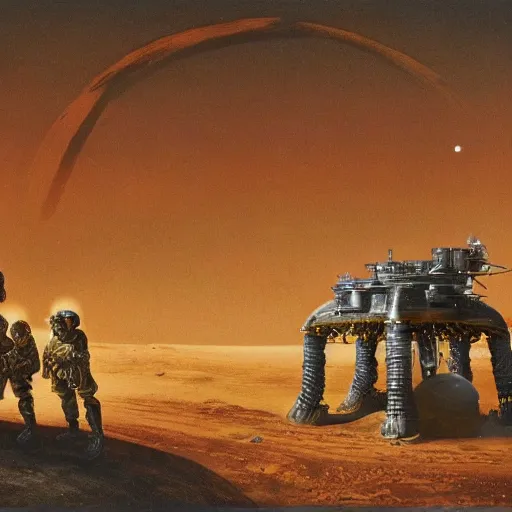 Prompt: soldiers discovering an alien base on mars, 1 9 2 0's sci - fi, deep aesthetic colors, 8 k, highly ornate intricate details, extreme detail,