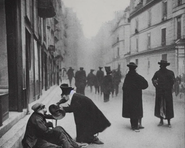 Prompt: a ragged clothed man begging on a street in early 2 0 th century paris. he has a top hat. street lights. evening. warm atmosphere. epic scene.