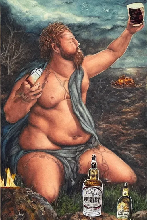 Prompt: a dramatic, epic, ethereal painting of a !!!!handsome!!!! thicc chunky beefy mischievous shirtless with a big beer belly wearing a large belt and bandana offering a whiskey bottle | he is a cowboy relaxing by a campfire | background is a late night with food and jugs of whisky | homoerotic | stars, tarot card, art deco, art nouveau, intricate | by Mark Maggiori (((and Alphonse Mucha))) | trending on artstation