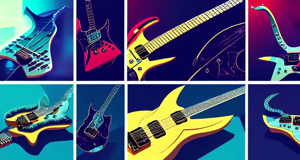 Prompt: a layout of amazing futuristic guitars, cinematic lighting, detailed, beautiful colors, by greg rutowski and studio ghibli