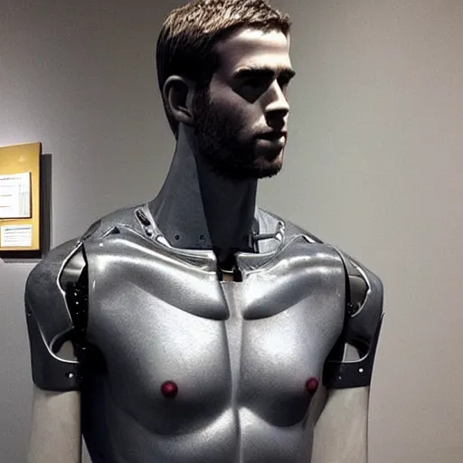 Image similar to “a realistic detailed photo of a guy who is an attractive humanoid who is half robot and half humanoid, who is a male android, actor Liam Hemsworth, shiny skin, posing like a statue, blank stare, at the museum, on display”