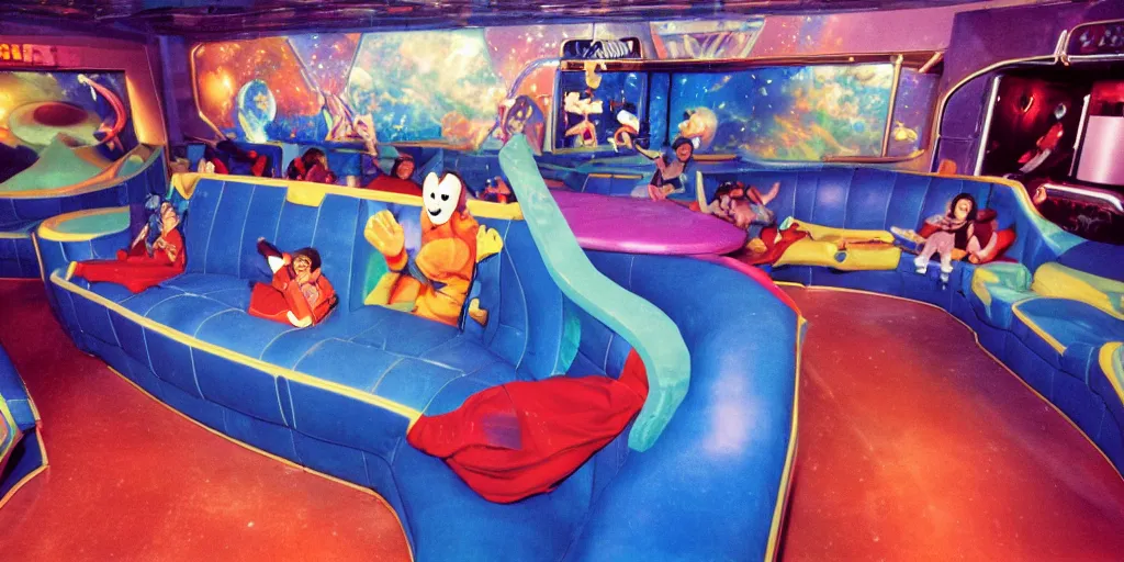 Image similar to 1990s photo of inside the Space Sofa ride at Universal Studios in Orlando, Florida, riding the flying sofa through space , cinematic, UHD